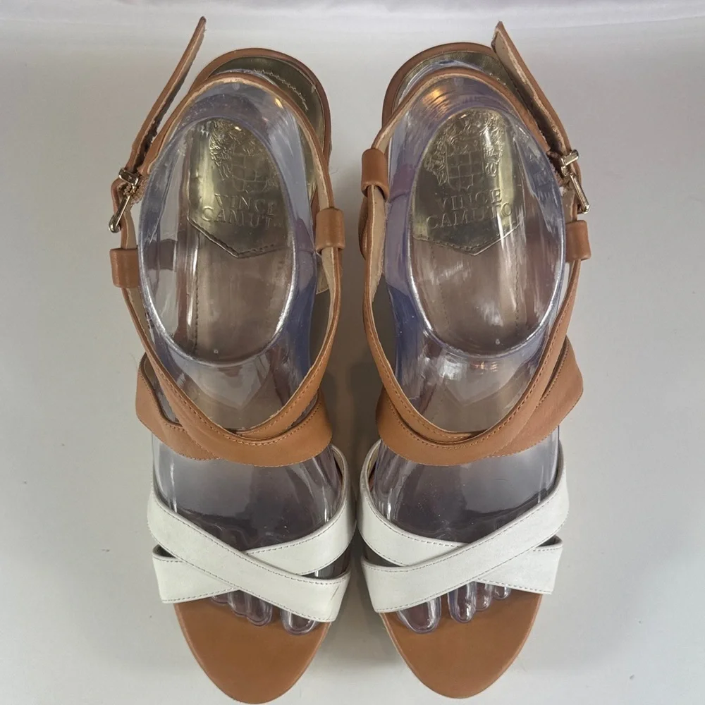 Vince Camuto High Heel Wedges Tan Camel White OpenToe Leather Summer Shoes